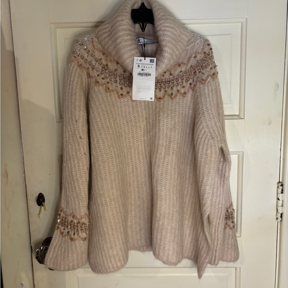 Zara Sweaters - Zara Chunky Knit Turtleneck Beige Embellished Sequins Oversized Sweater Small